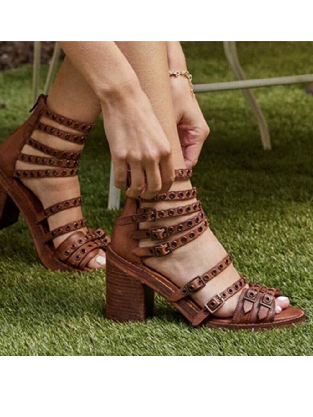 Vintage Foundry Co. Leather Studded Gladiator Block Heel Jamina Sandals Brown